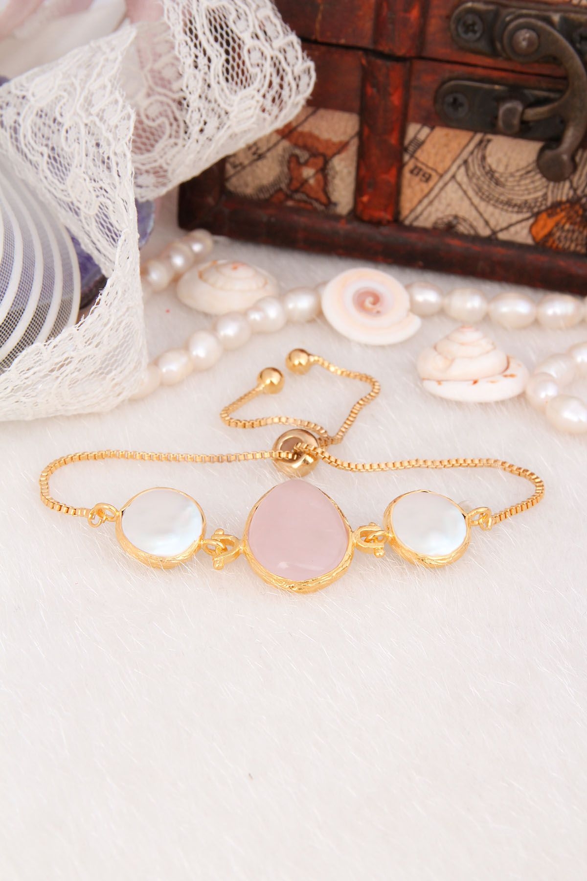 14K Gold-Plated Bronze & Pearl & Pink Quartz