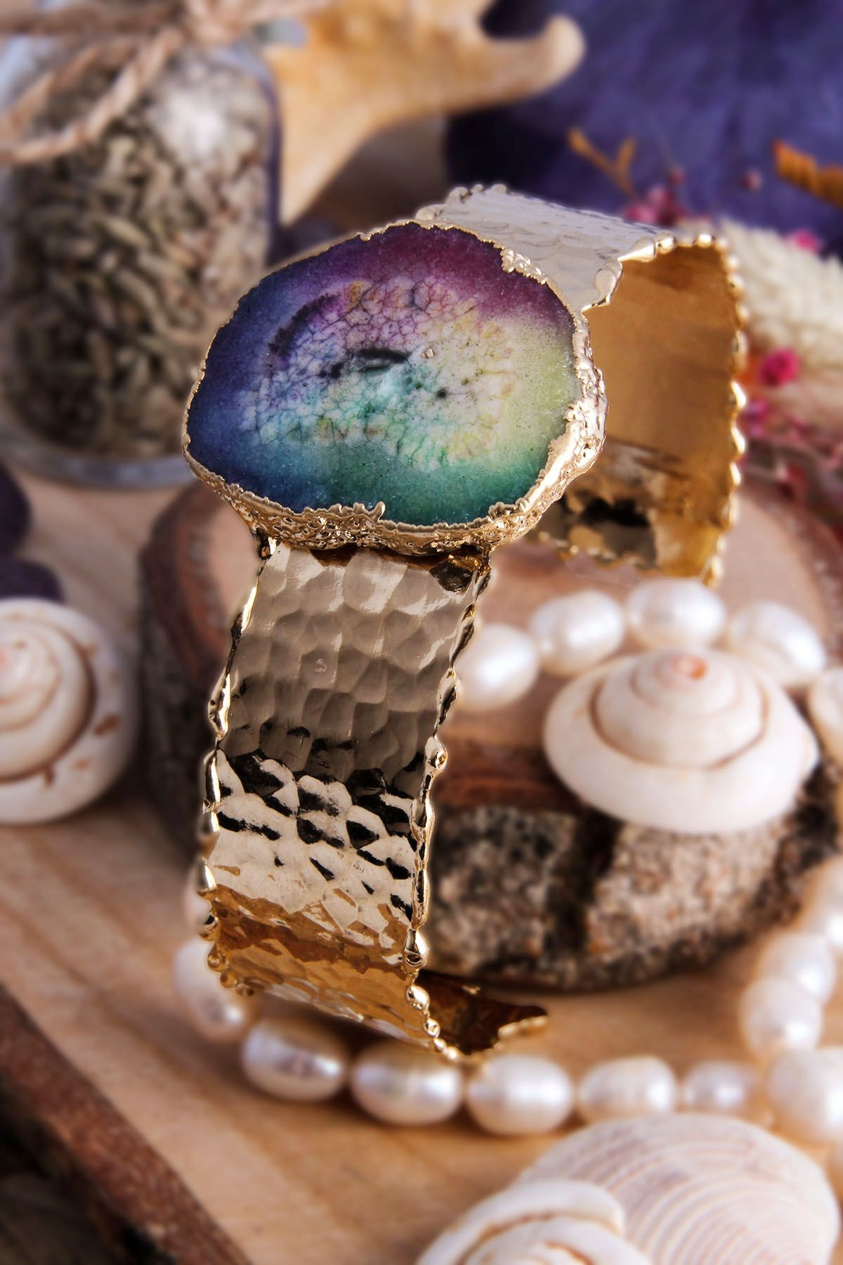 14K Gold-Plated Bronze & Agate Natural Stone