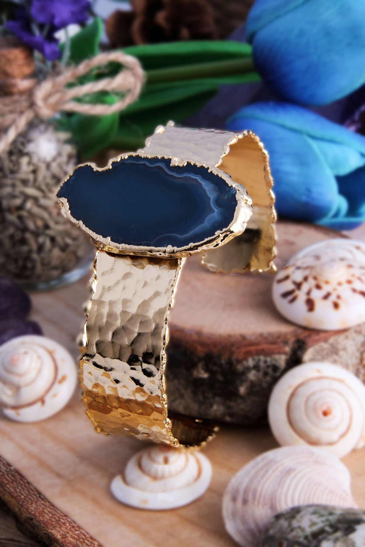 14K Gold-Plated Bronze & Agate Natural Stone