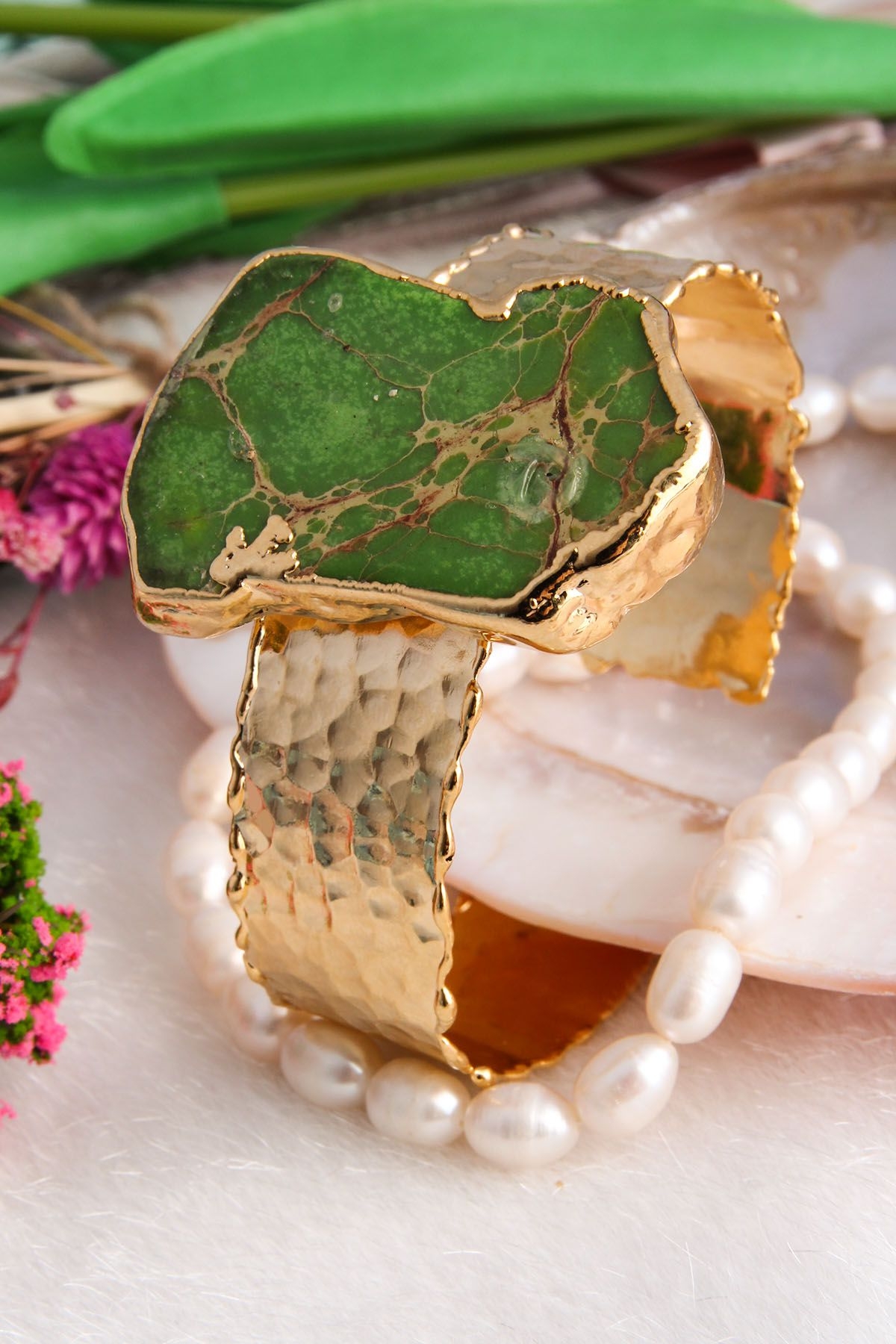 14K Gold-Plated Bronze & Green Jasper  Natural Stone