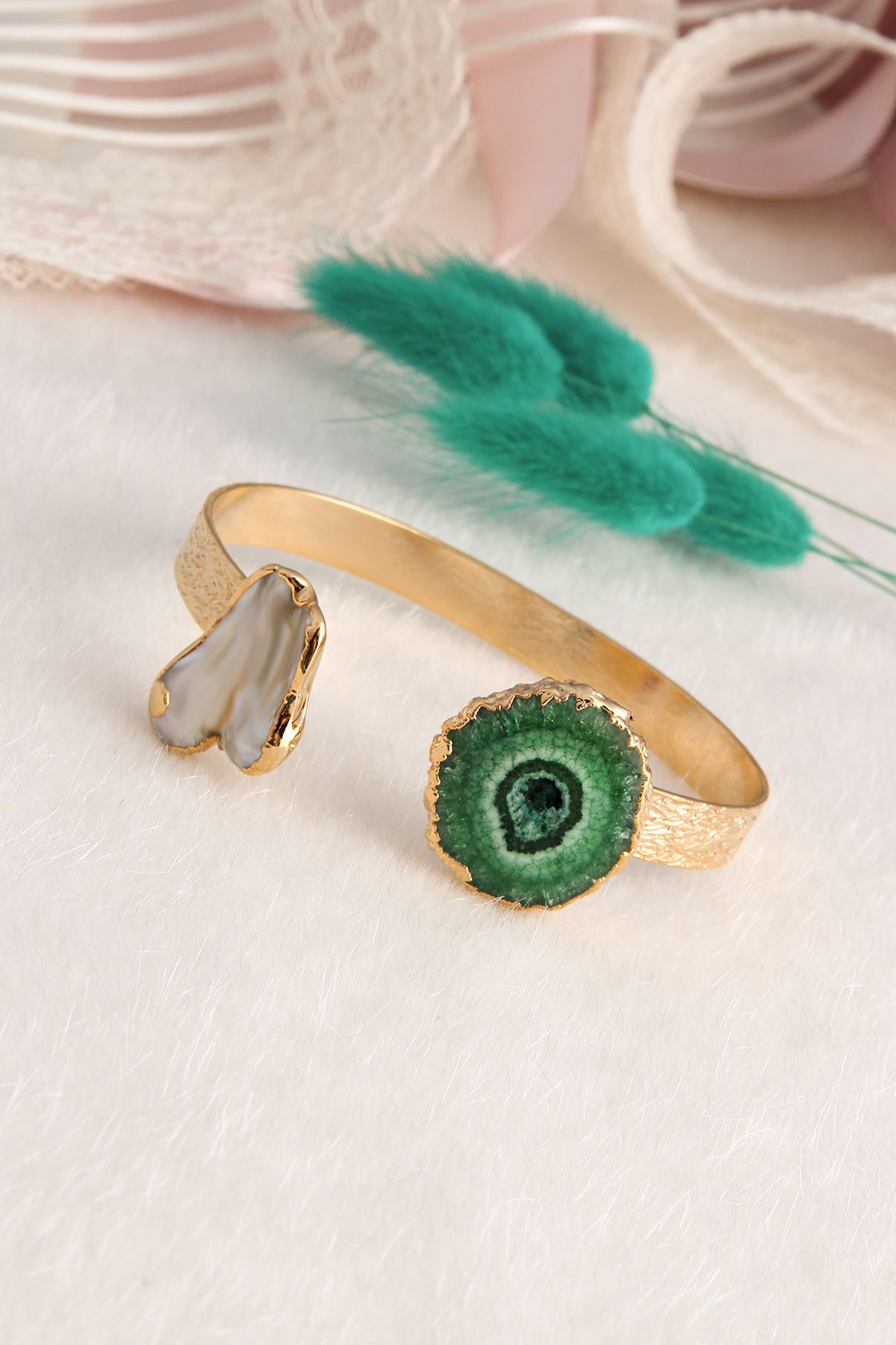 14K Gold-Plated Bronze & Agate Natural Stone