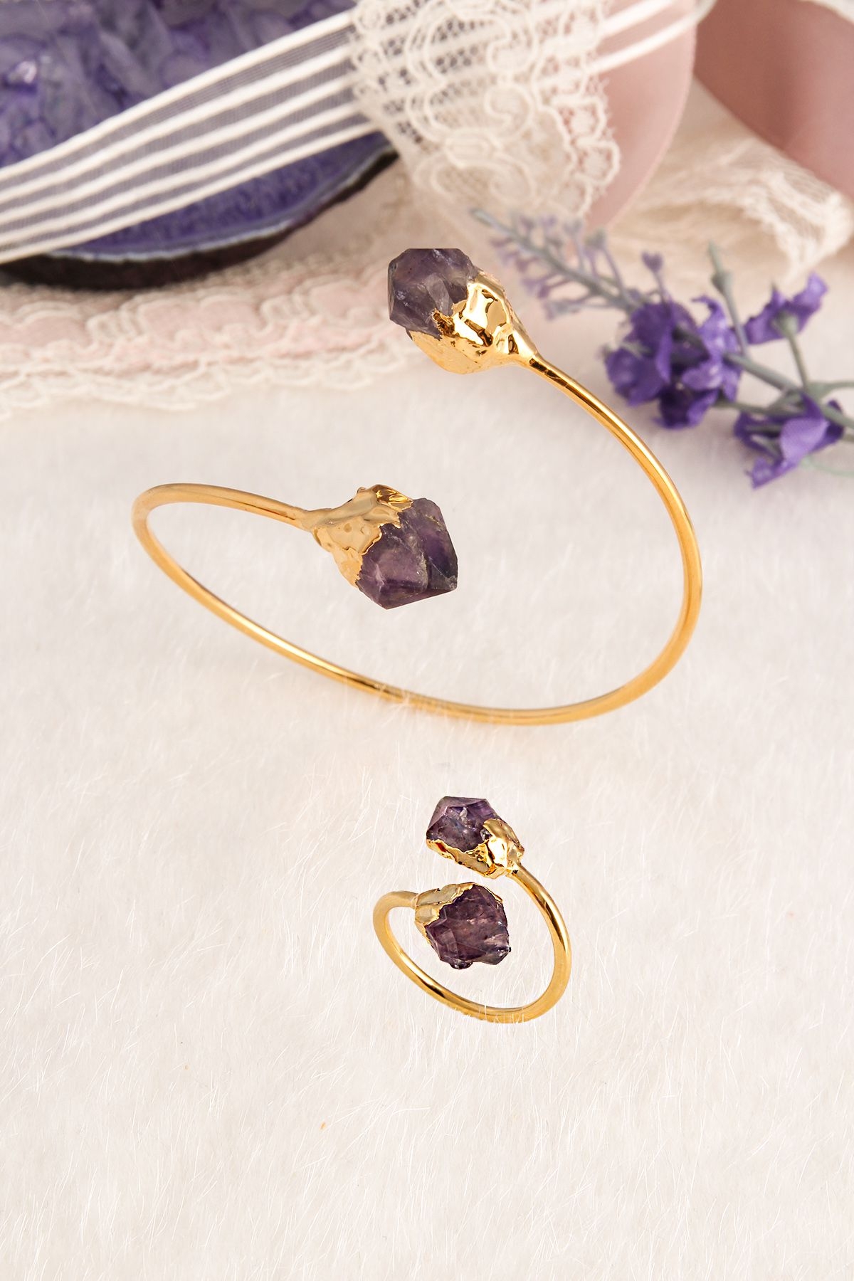 14K Gold-Plated Bronze & Amethyst Natural Stone
