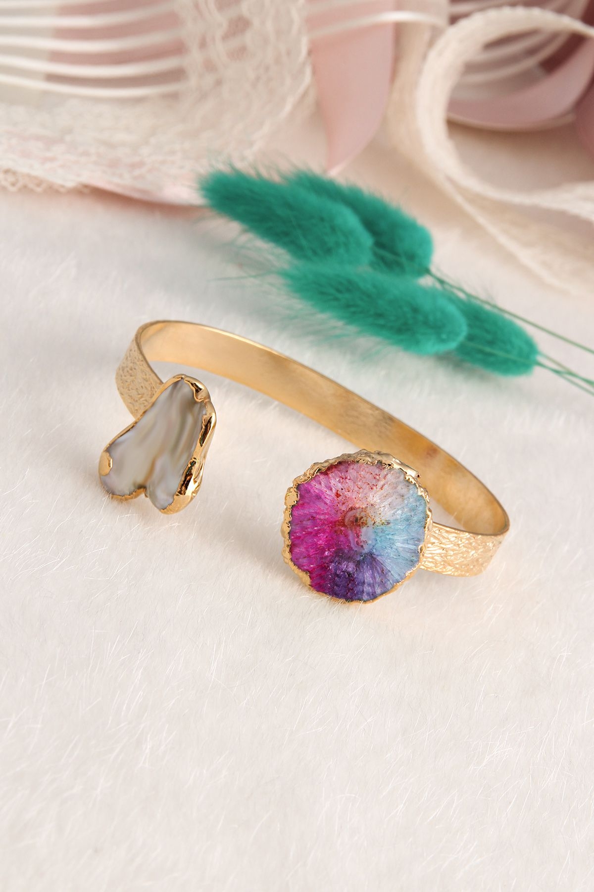 14K Gold-Plated Bronze & Tourmaline Natural Stone