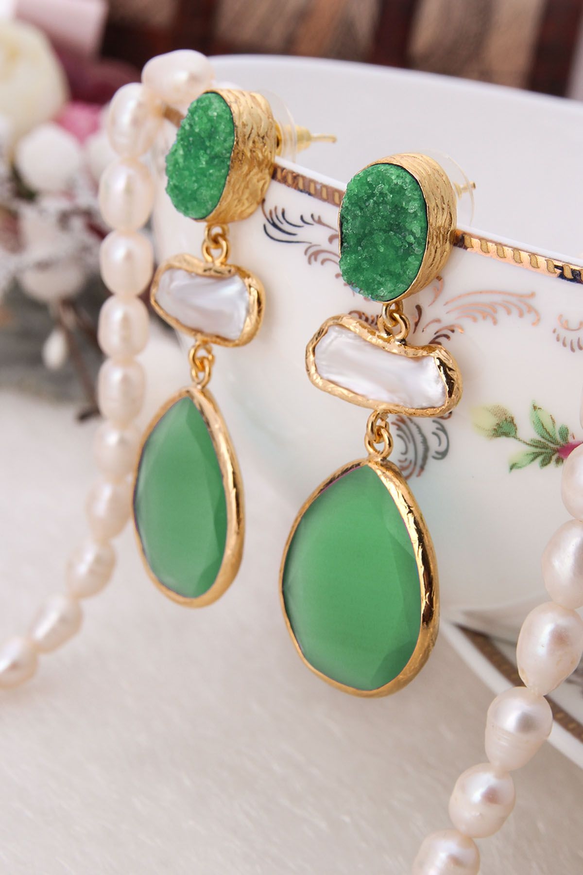 14K Gold-Plated Bronze & Pearl & Druzy