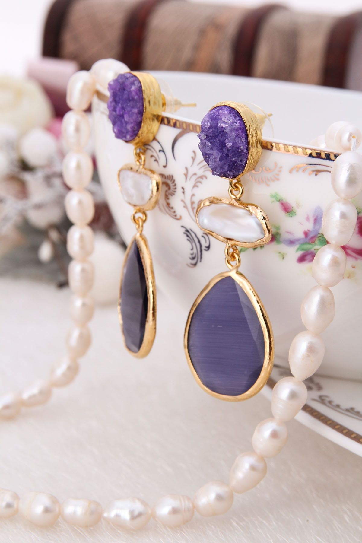 14K Gold-Plated Bronze & Pearl & Druzy
