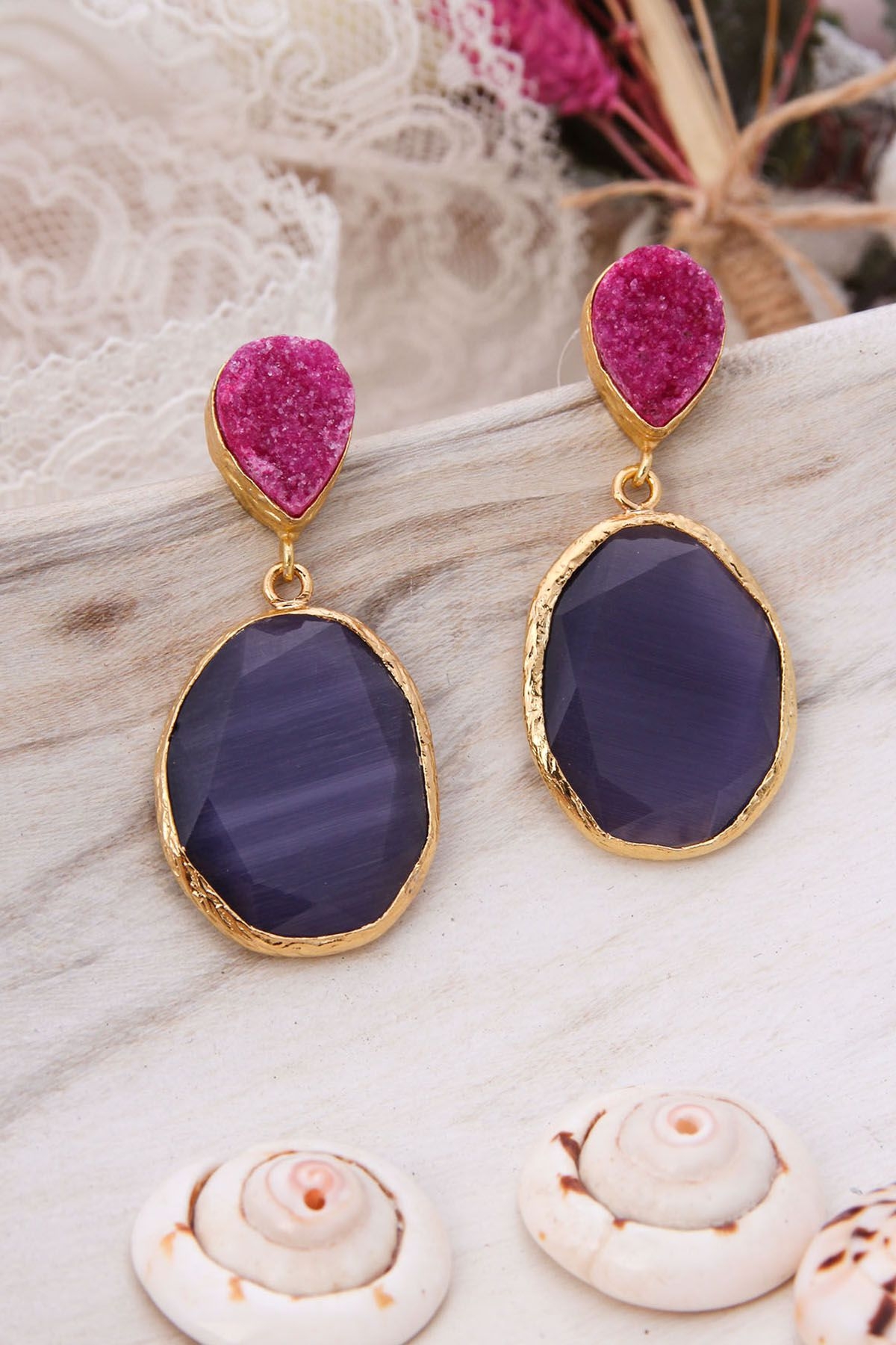 14K Gold-Plated Bronze & Druzy & Zircon