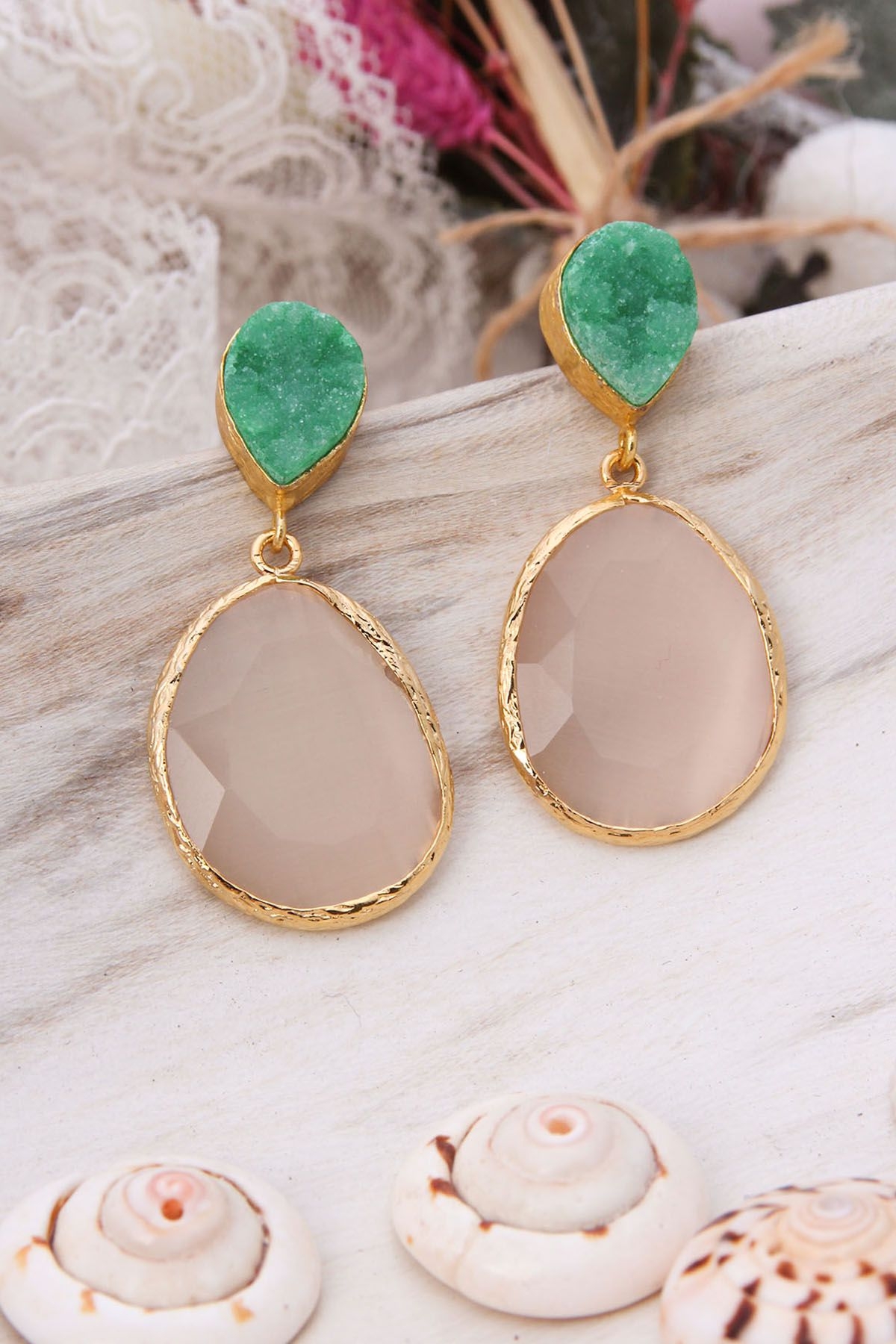 14K Gold-Plated Bronze & Druzy & Zircon