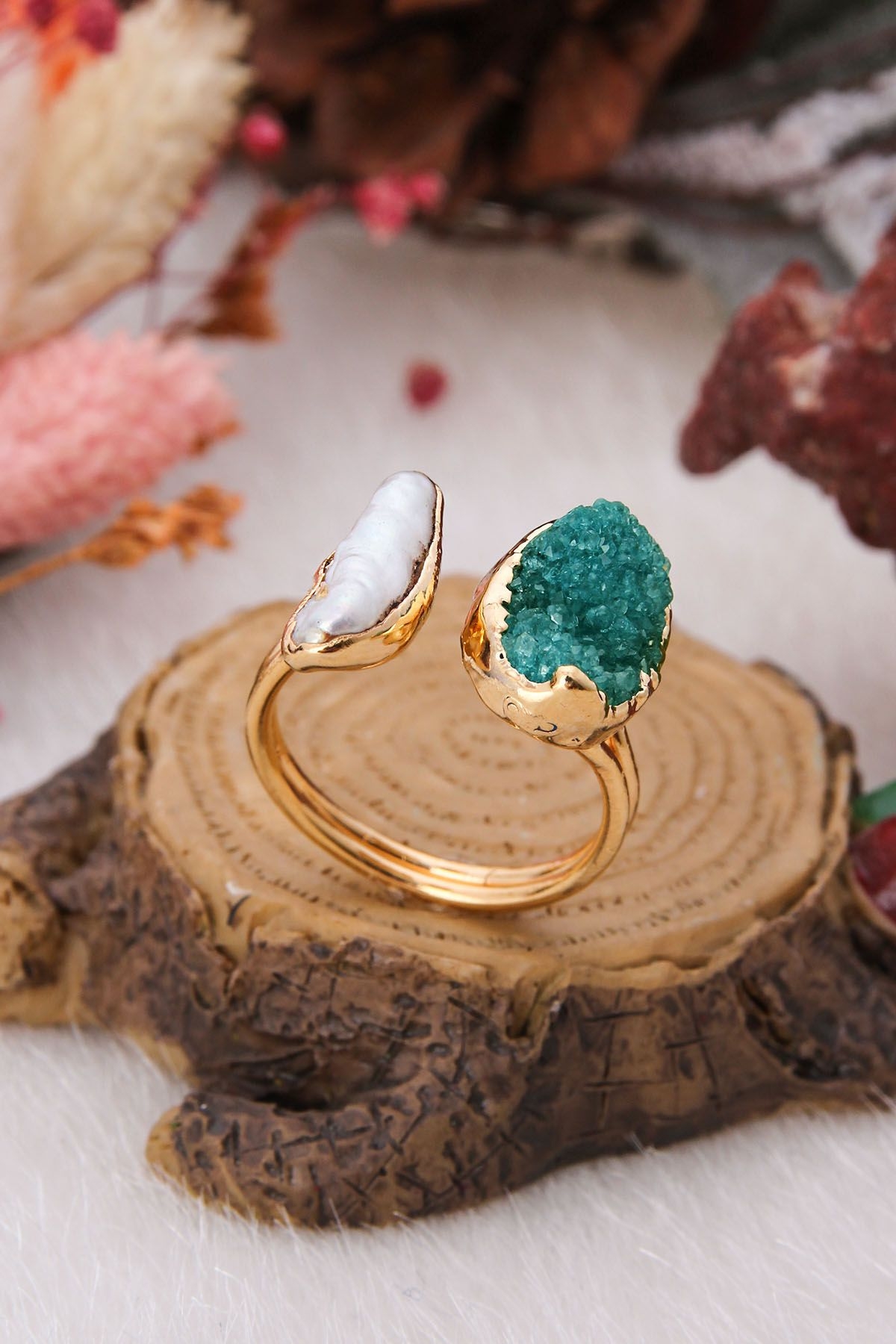 14K Gold-Plated Bronze & Pearl & Druzy