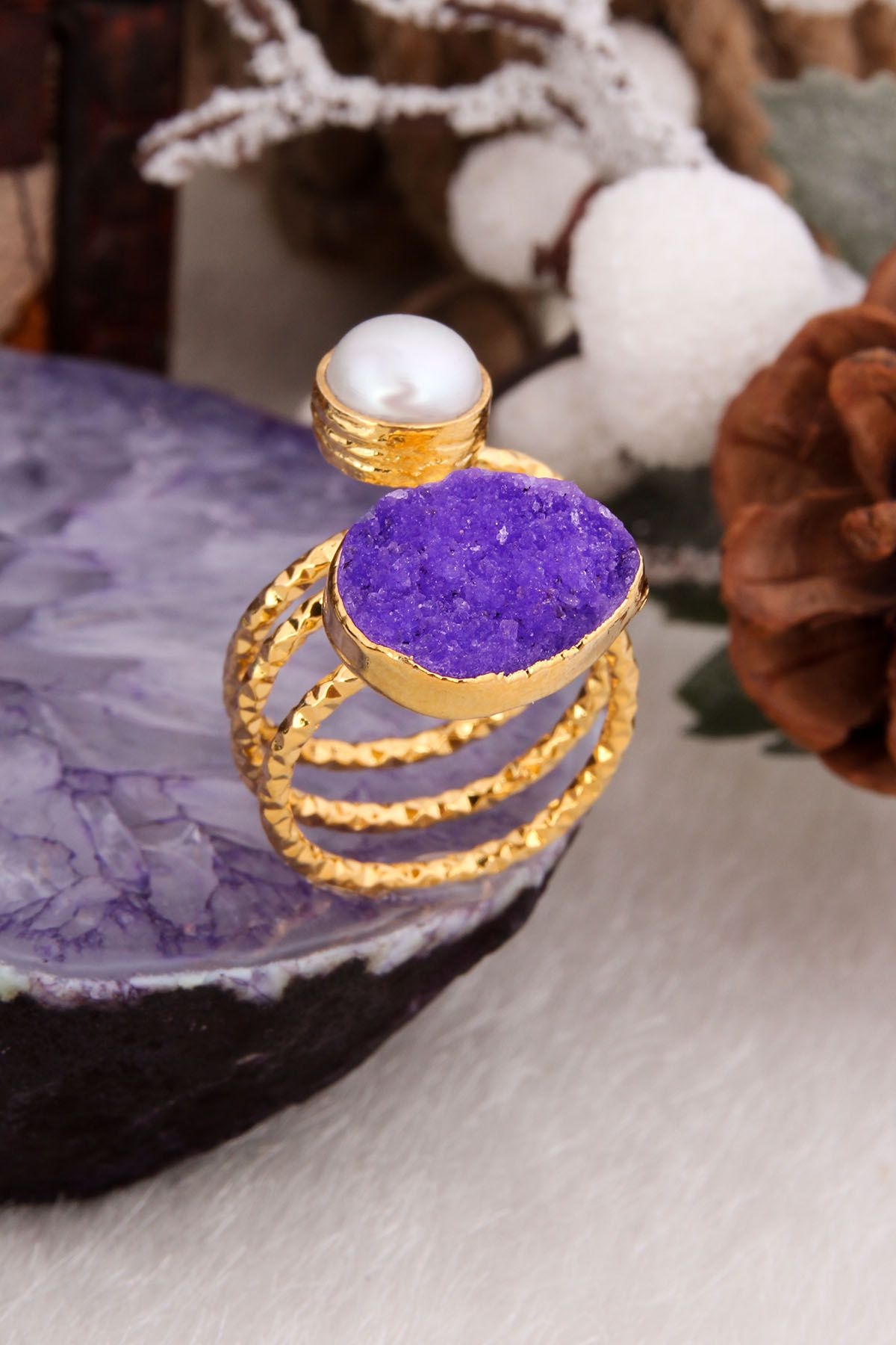 Druzy Quartz & Pearl Ring