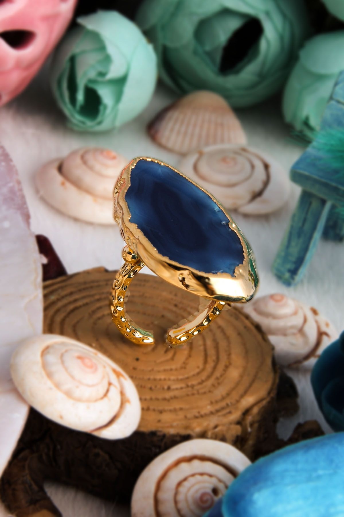 14K Gold-Plated Bronze & Agate  Natural Stone
