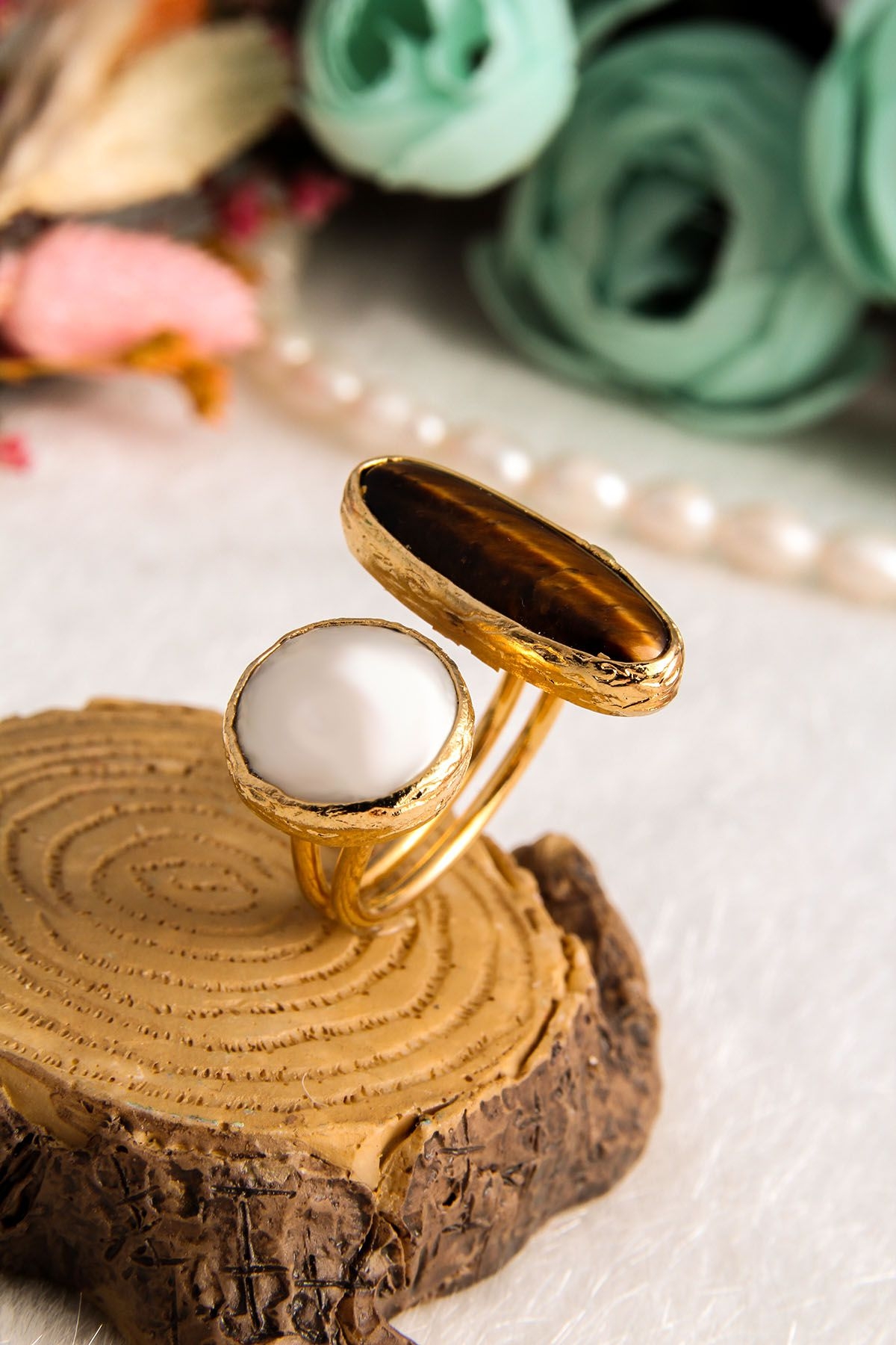 14K Gold-Plated Bronze & Pearl & Tiger Eyes
